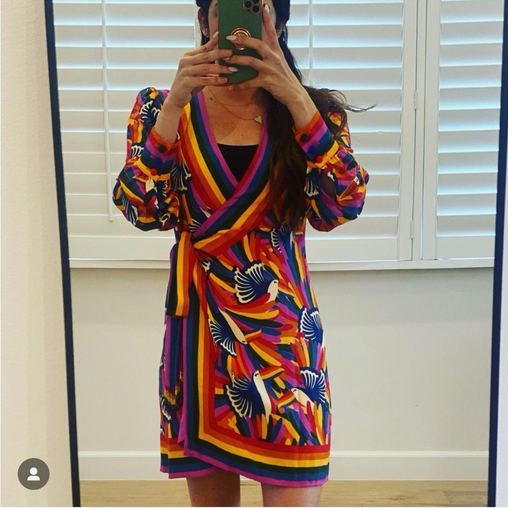 Farm Rio Women’s Bird Print Multicolored Wrap Dress Size XS